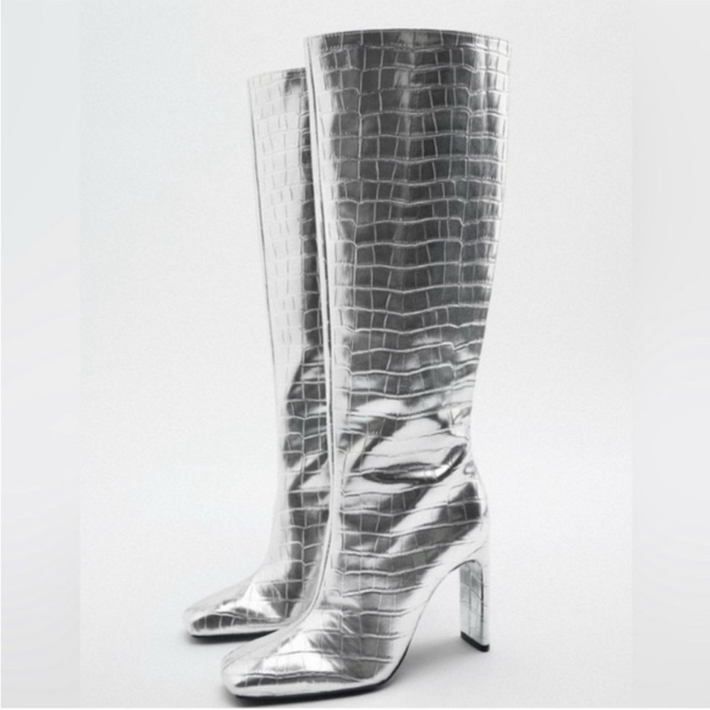 Zara Silver Crocodile Embossed Knee-High Boots